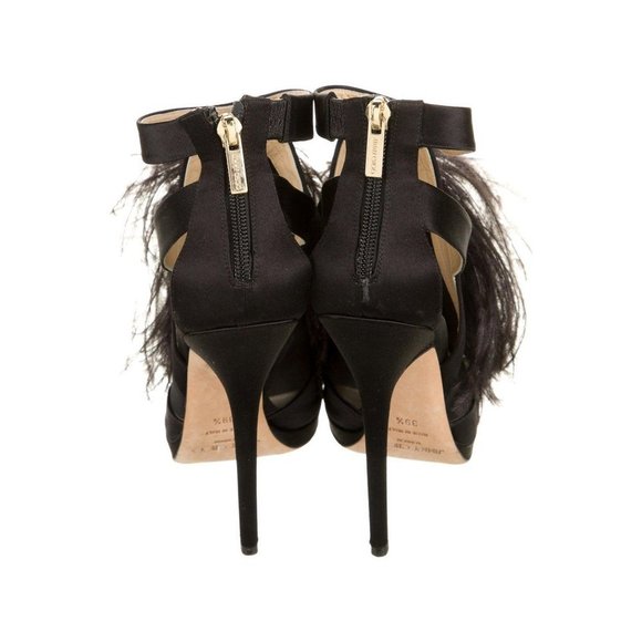 TAYLOR SWIFT Jimmy Choo Heels "TEAZER" Black Satin and Feather Sandals Size 39.5 - Picture 4 of 6